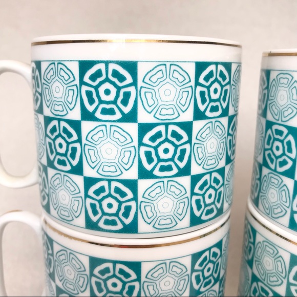 4 Vintage Chinese stackable coffee tea espresso mugs teal blue pattern gold trim - Picture 4 of 7